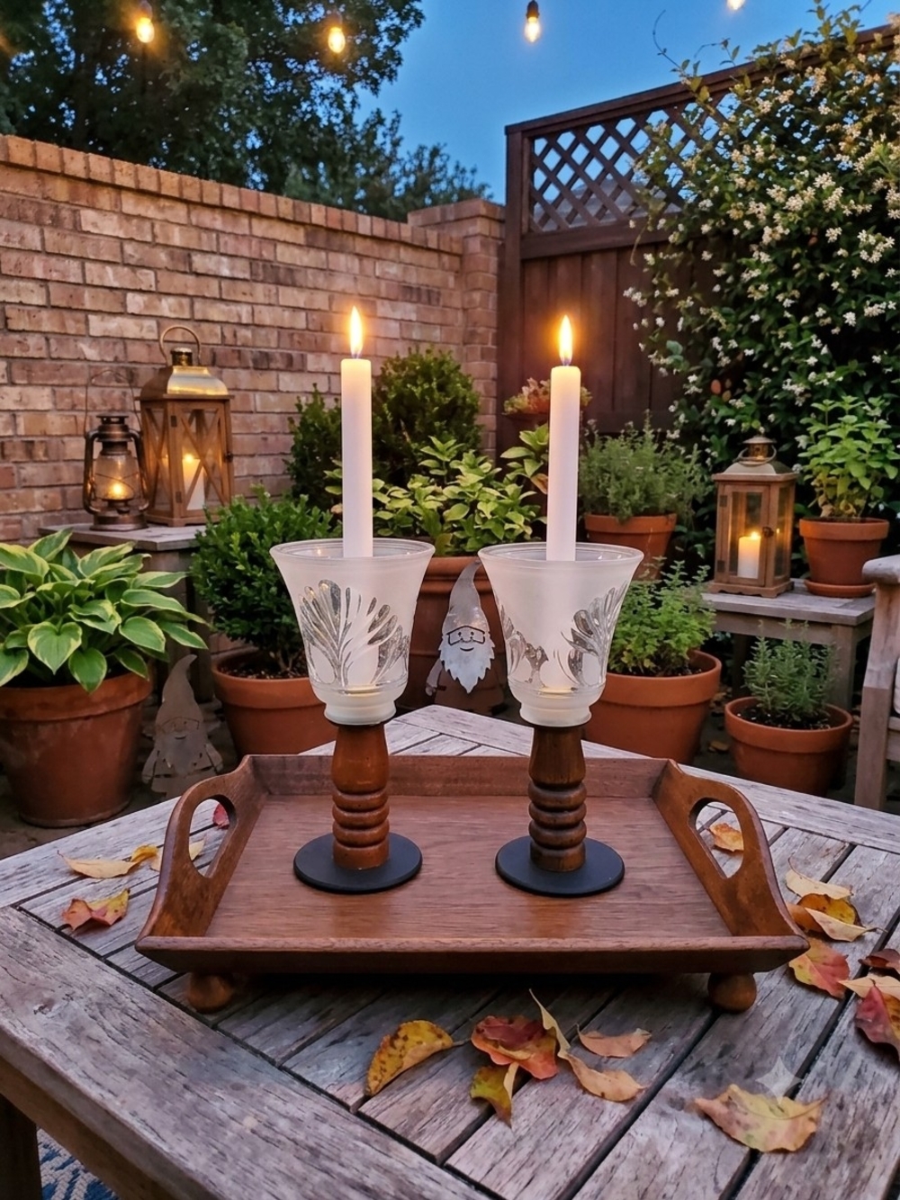 Vintage Mid-Century Modern peg glass votive cups Turned wooden candlestick bases
